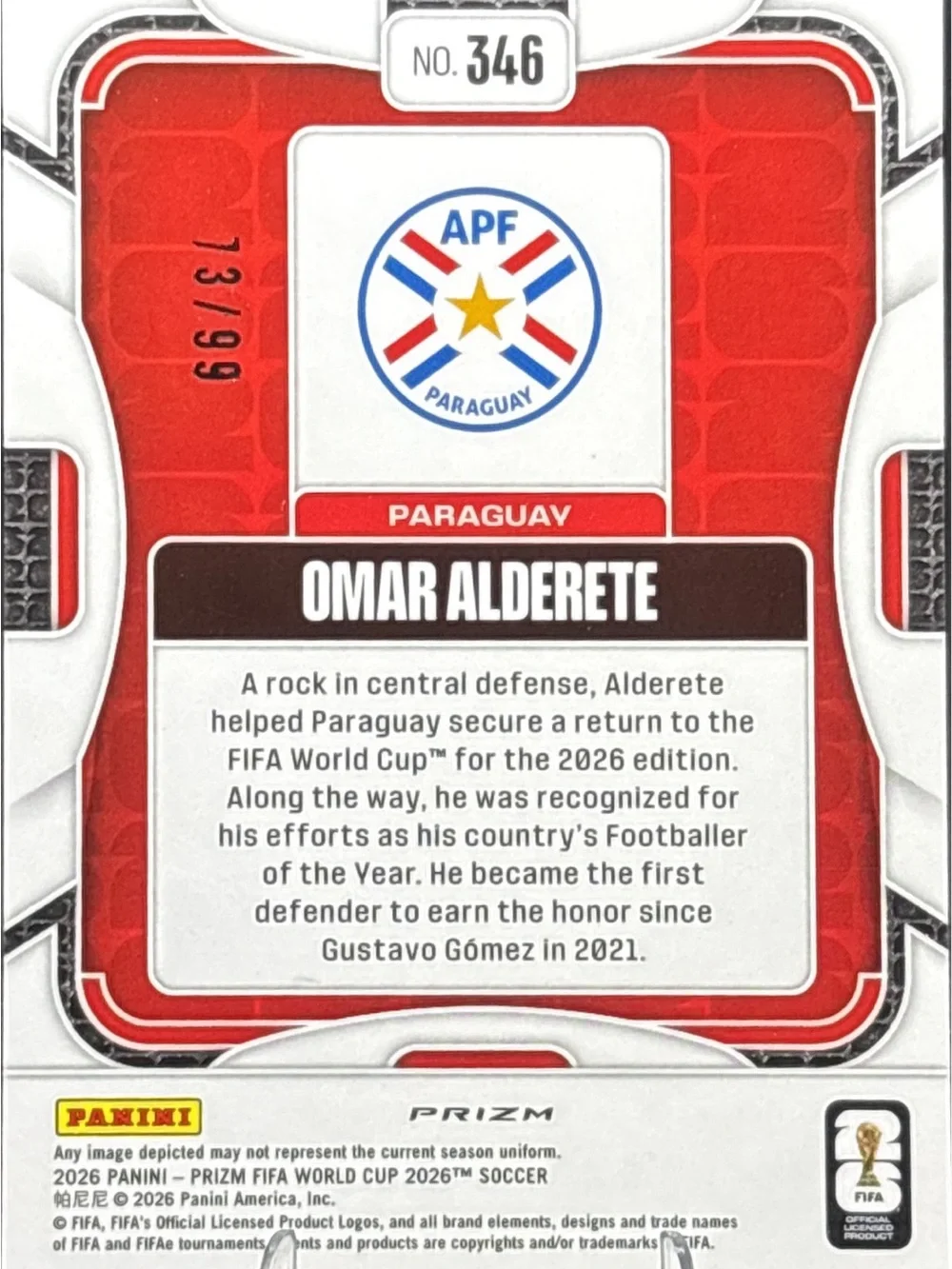 Panini Prizm Omar Alderete Soccer Trading Card - Blue Shimmer Prizm LE 73/99
